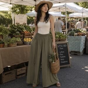 Pinka Olive Green Cotton Flowy Wide Leg Pants Women's S Effortless Resort Wear